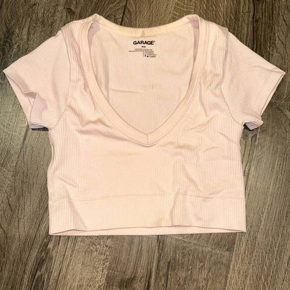 Garage Soft Pink Ribbed V-Neck Top